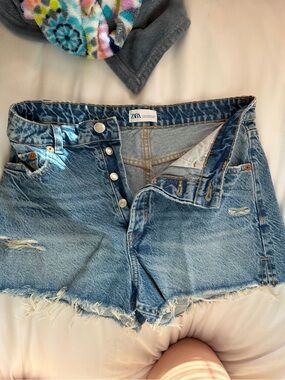 Zara Light Blue Distressed Denim Cutoff Shorts